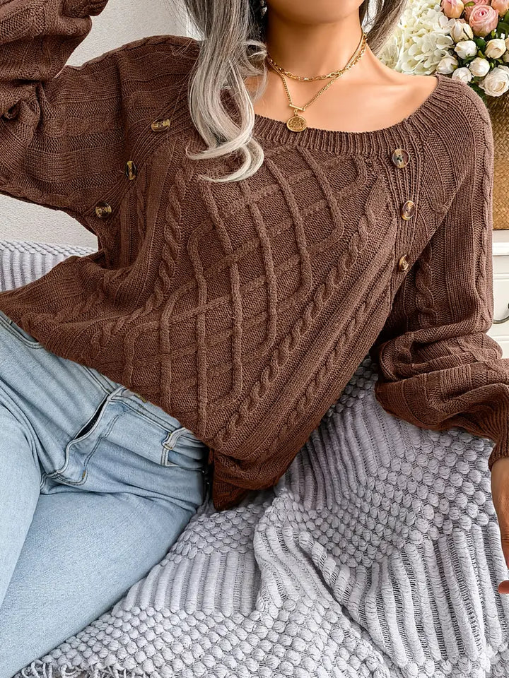 Women's Loose-Fitting Cable-Knit Sweater with Shoulder Buttons