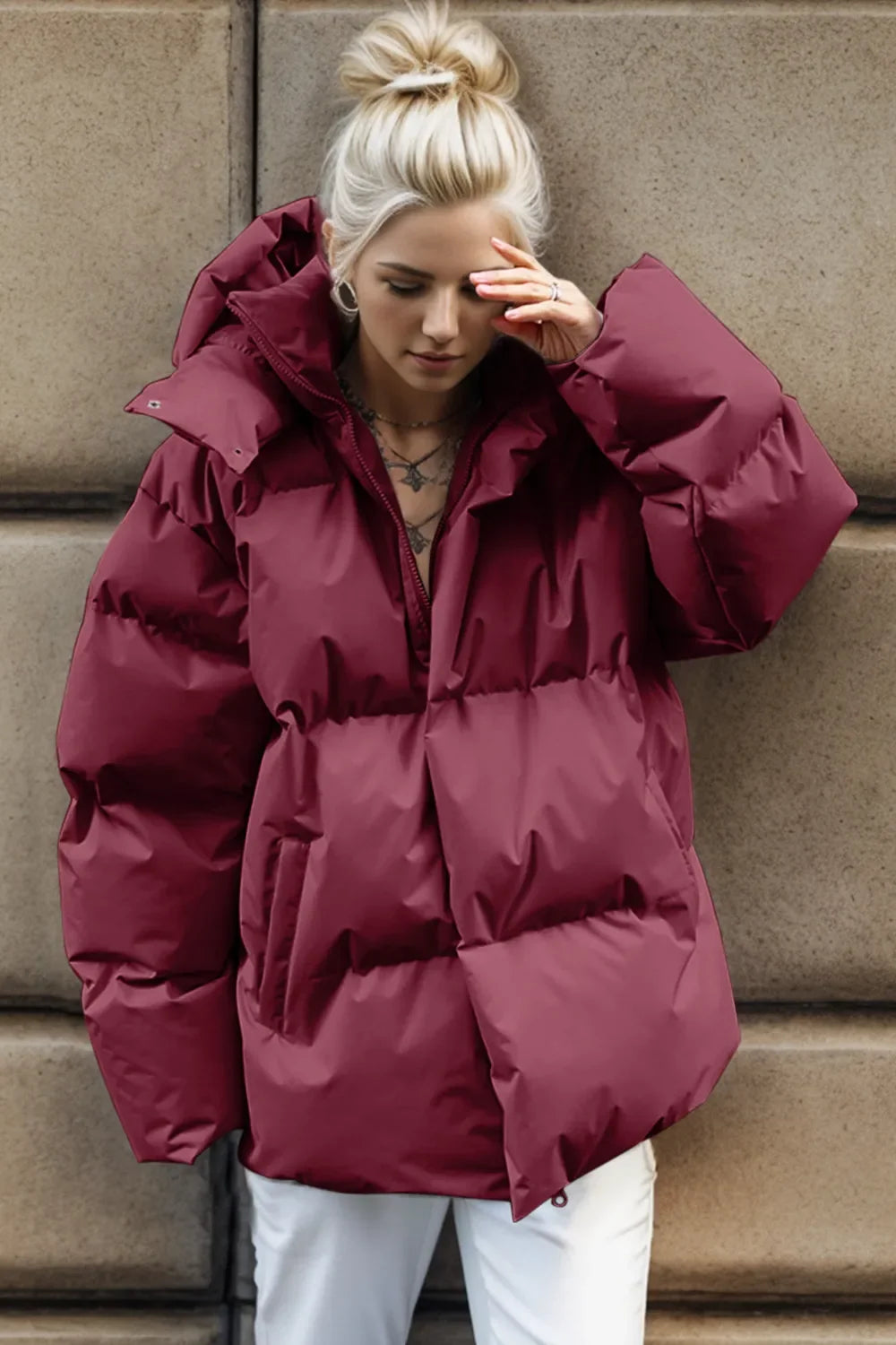 Women's Hooded Puffer Jacket with Pockets, Sizes S to L