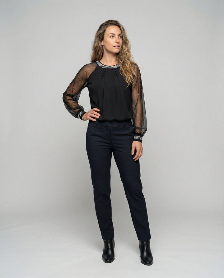 Women's Elegant Mesh Top with Sequins and Sheer Sleeves-The Yellow Prime