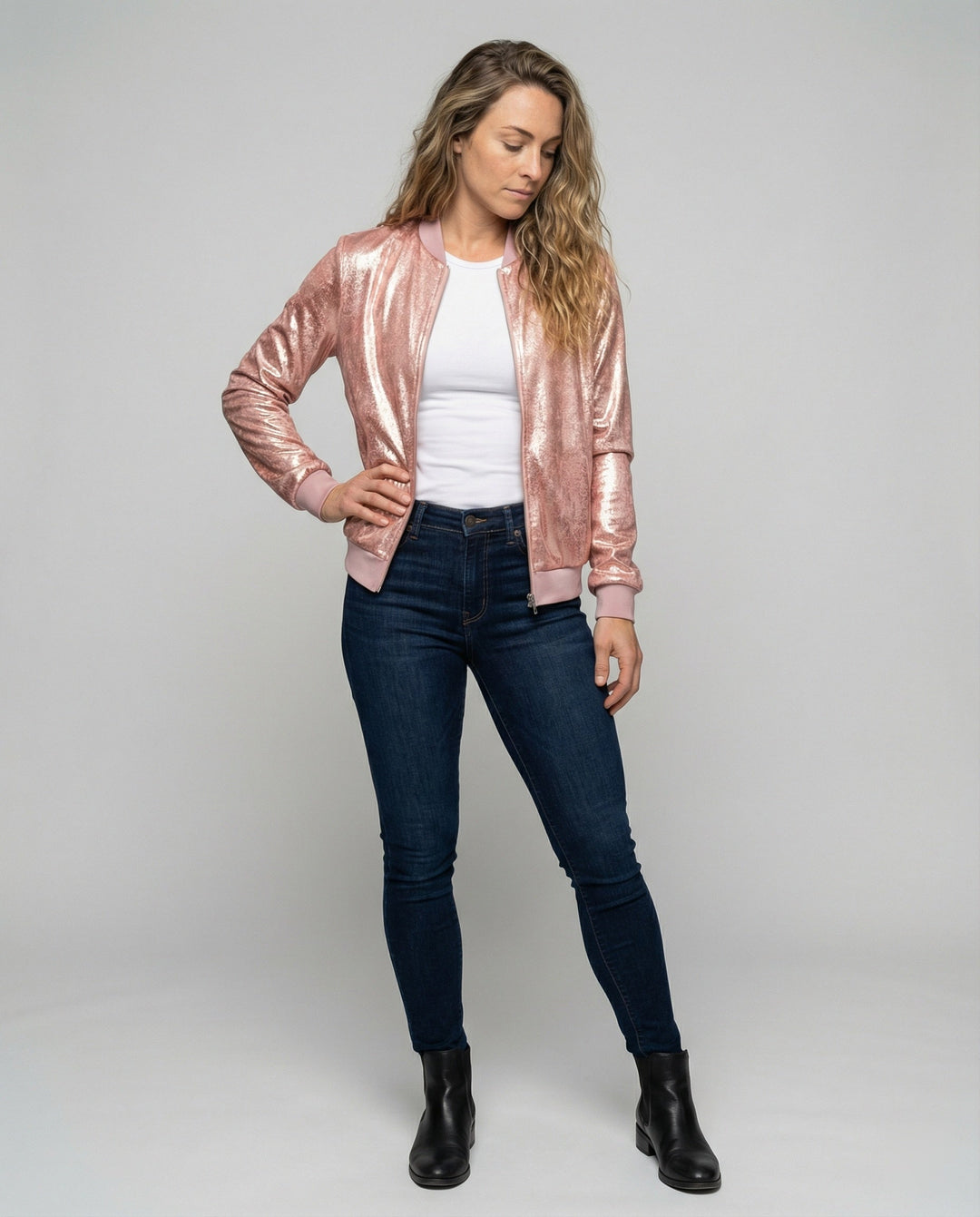 Chaqueta bomber brillante para mujer con cierre de cremallera