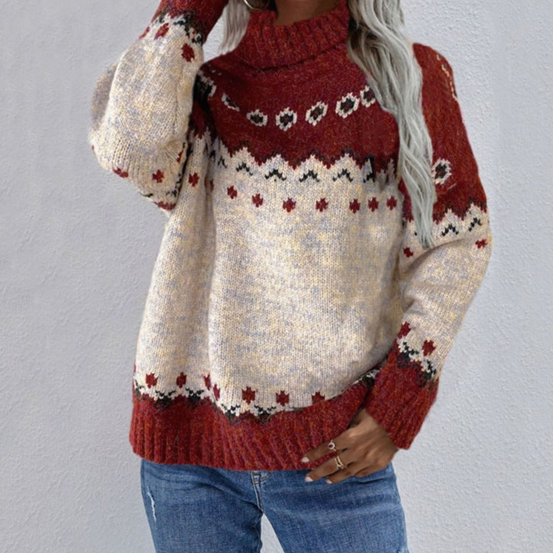 Women's Knitted Turtleneck Sweater with High Collar Folk Pattern