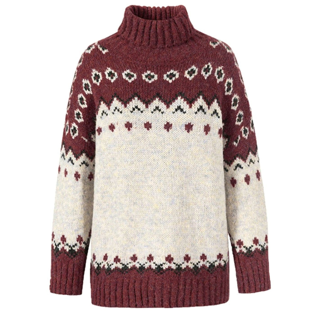 Women's Knitted Turtleneck Sweater with High Collar Folk Pattern