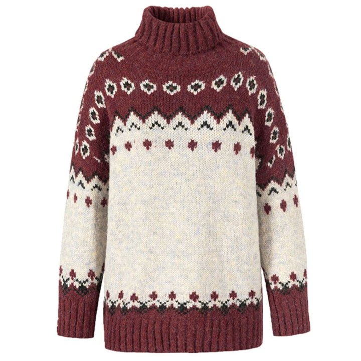 Women's Knitted Turtleneck Sweater with High Collar Folk Pattern