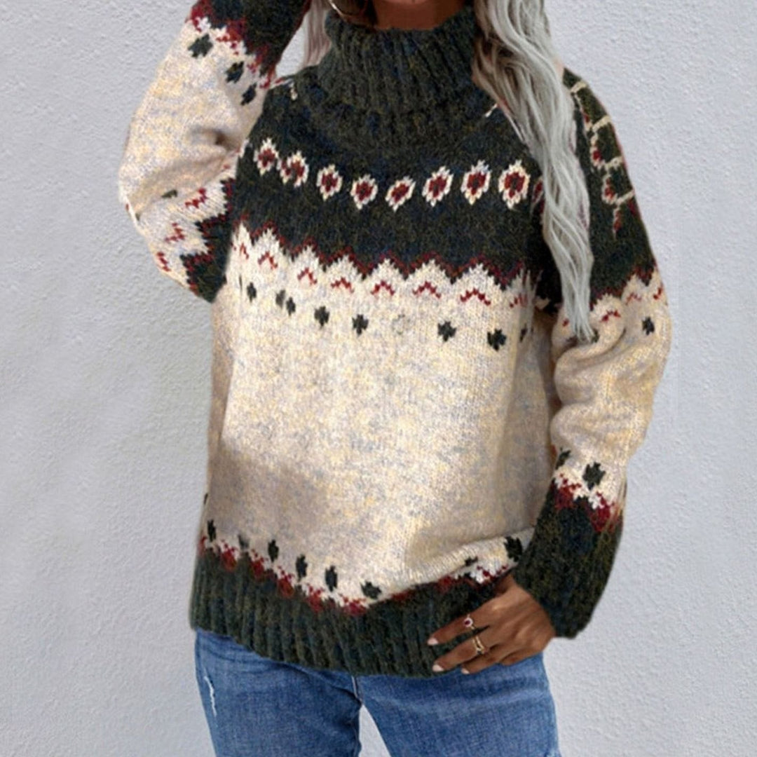 Women's Knitted Turtleneck Sweater with High Collar Folk Pattern