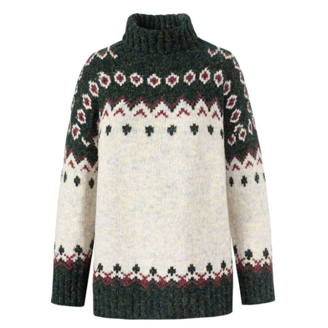 Women's Knitted Turtleneck Sweater with High Collar Folk Pattern