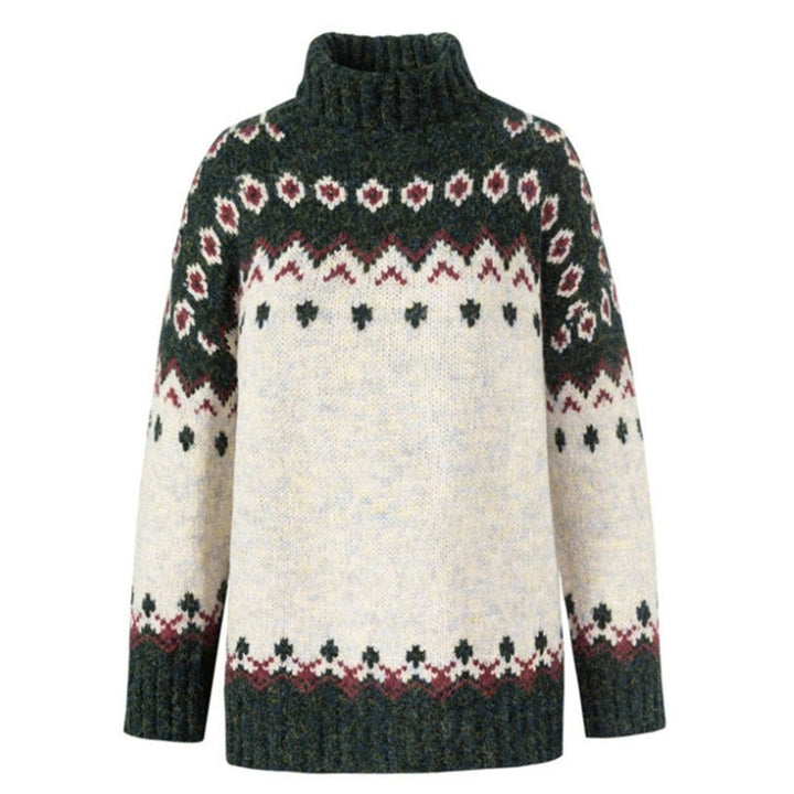 Women's Knitted Turtleneck Sweater with High Collar Folk Pattern