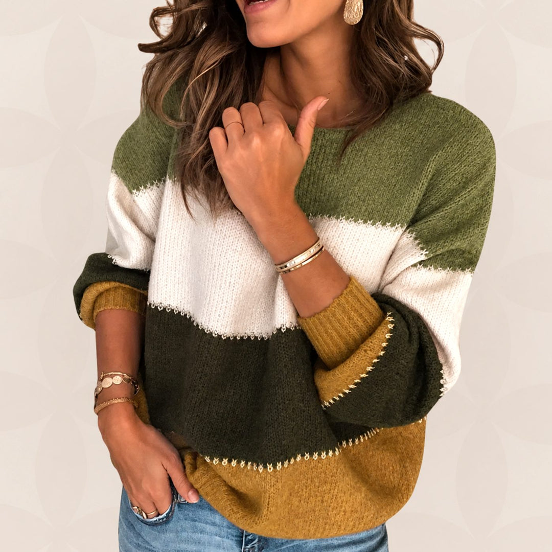Women's Colorblock Striped Knitted Round Neck Sweater