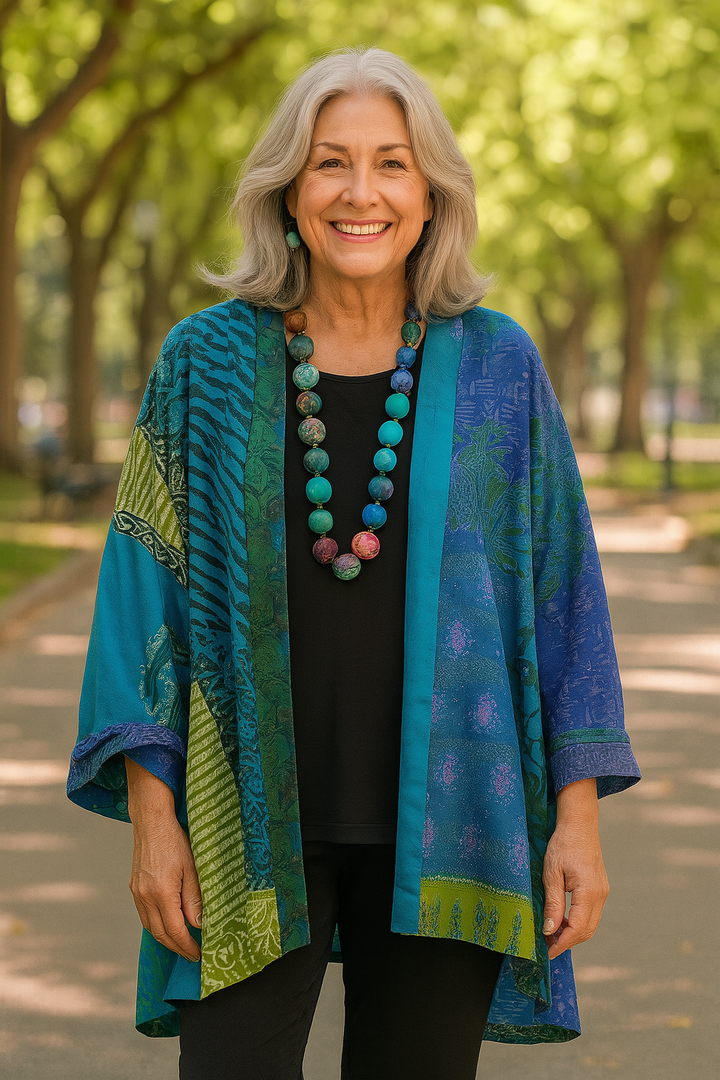 Chaqueta cárdigan para mujer con estampado de patchwork y frente abierto