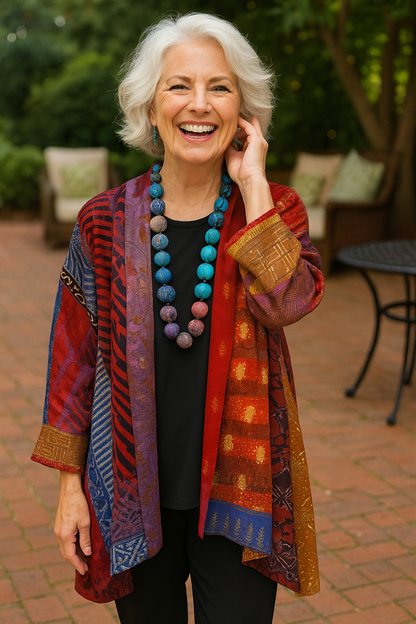 Women's Cardigan Jacket with Patchwork Print and Open Front