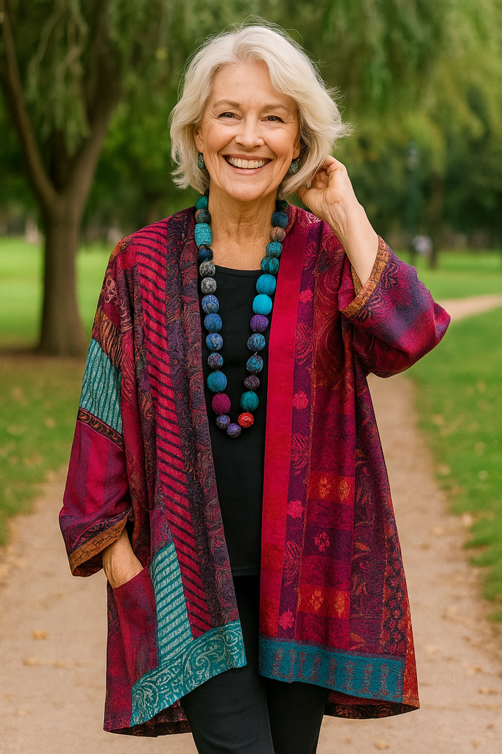 Chaqueta cárdigan para mujer con estampado de patchwork y frente abierto