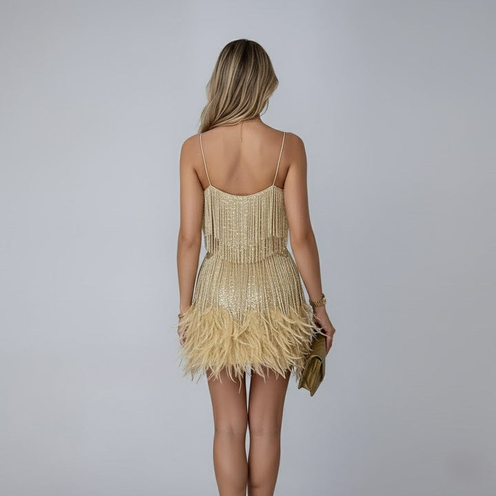 Donatella | Women's Mini Party Dress with Fringes and Feathers-The Yellow Prime