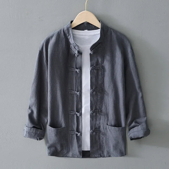 Men's Cotton-Linen Mandarin Collar Shirt-The Yellow Prime