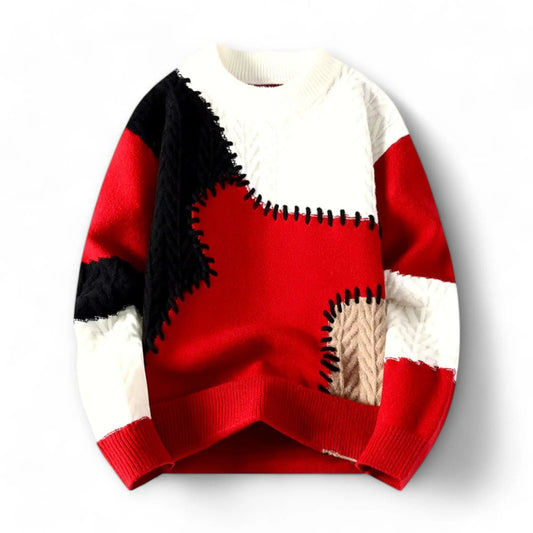 Pull à col rond pour homme en patchwork avec surpiqûres décoratives