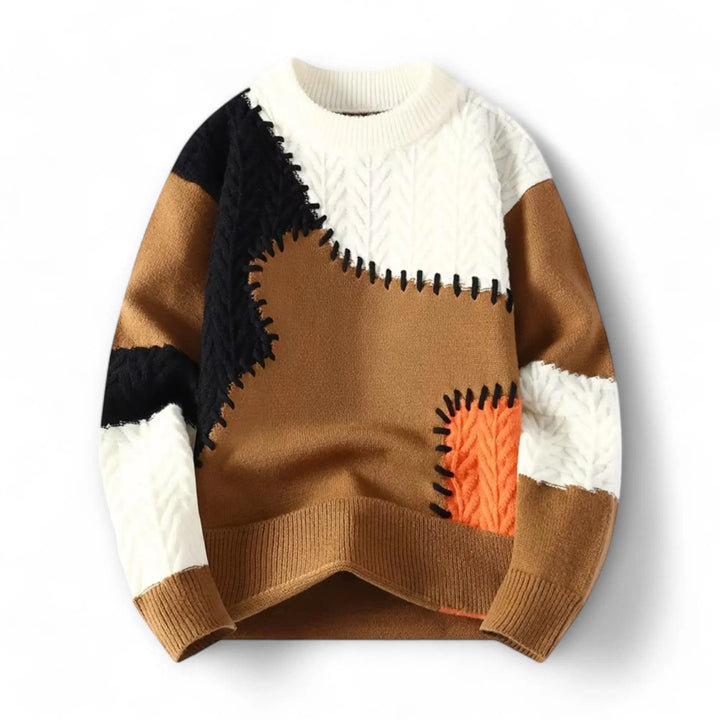 Men's Patchwork Crewneck Sweater with Decorative Stitching