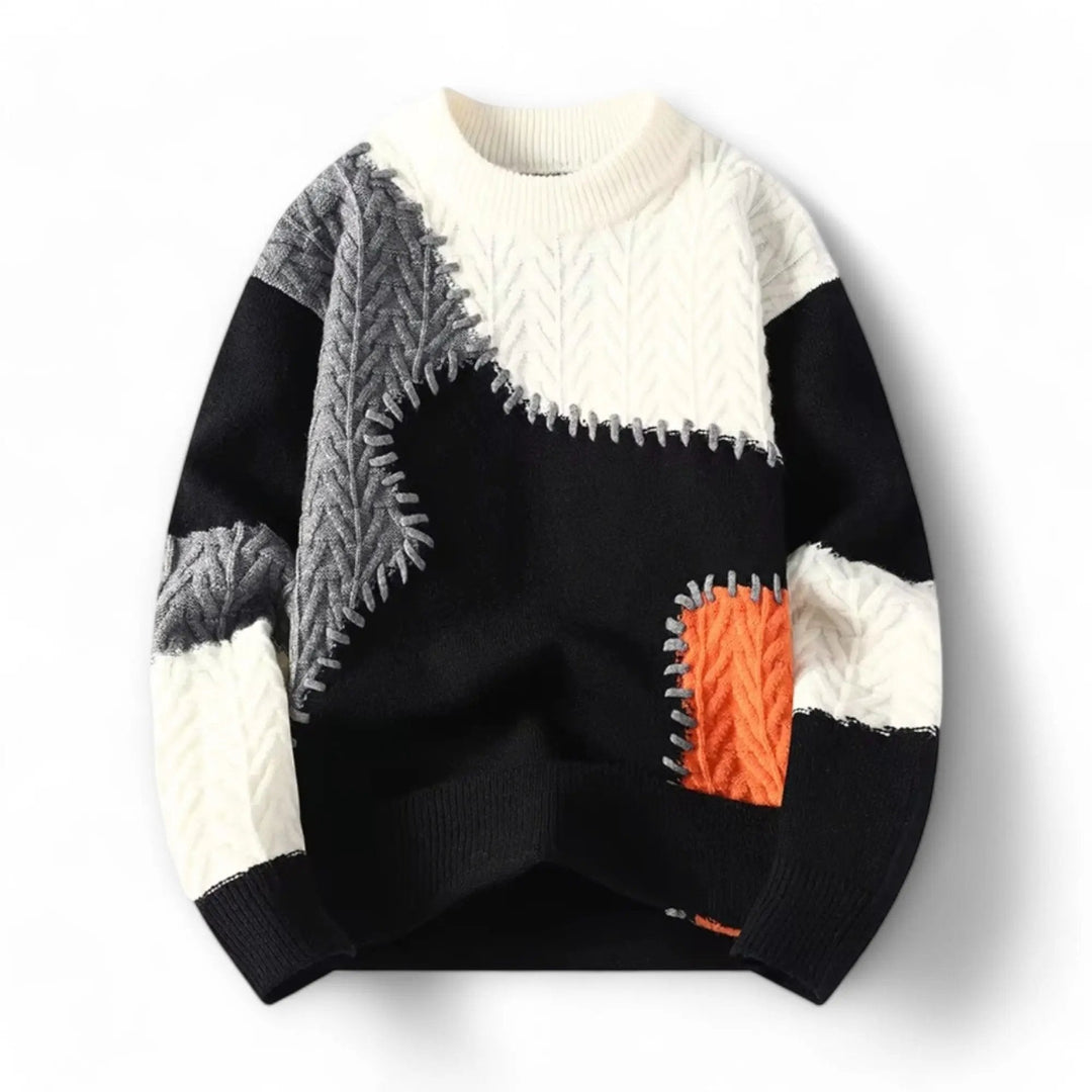 Men's Patchwork Crewneck Sweater with Decorative Stitching