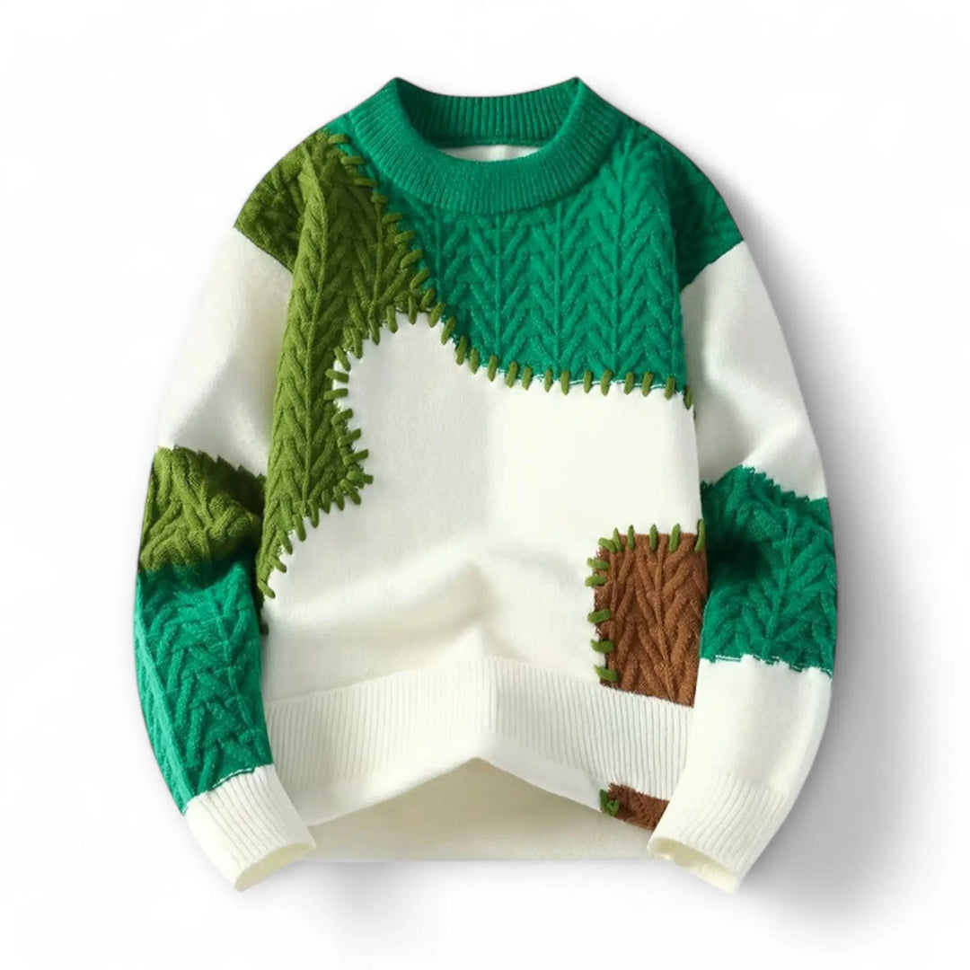 Men's Patchwork Crewneck Sweater with Decorative Stitching