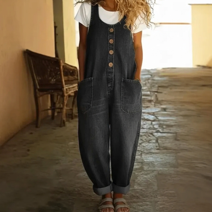 Women's Washed Denim Jumpsuit with Drawstring and Comfortable Fit