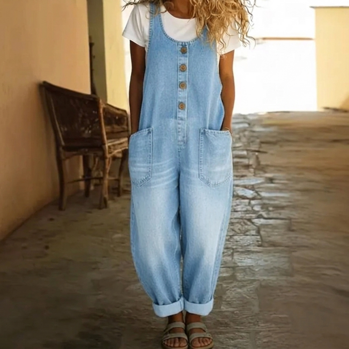 Women's Washed Denim Jumpsuit with Drawstring and Comfortable Fit