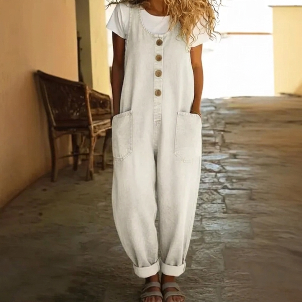 Women's Washed Denim Jumpsuit with Drawstring and Comfortable Fit