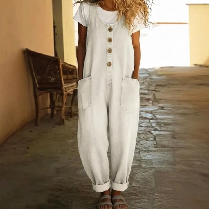 Women's Washed Denim Jumpsuit with Drawstring and Comfortable Fit