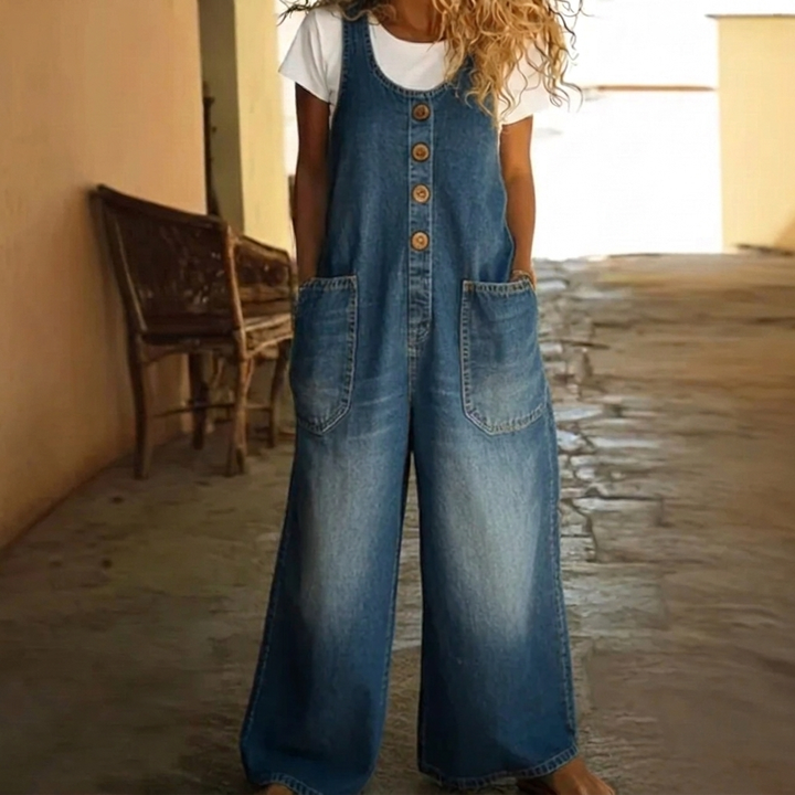 Women's Washed Denim Jumpsuit with Drawstring and Comfortable Fit