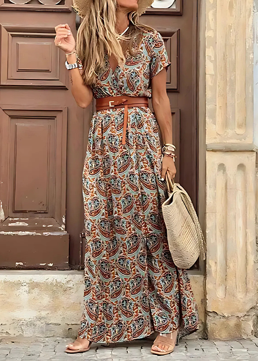 Davina | Women's V-Neck Printed Split Maxi Dress-The Yellow Prime