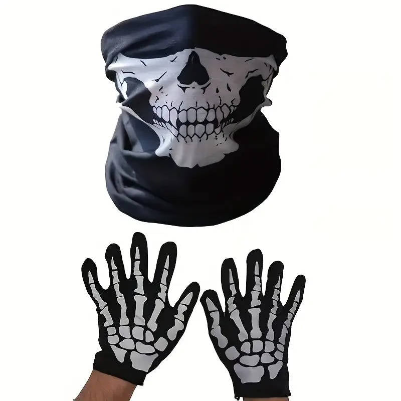 Disfraz de Halloween de la Parca con ojos brillantes y guantes de esqueleto