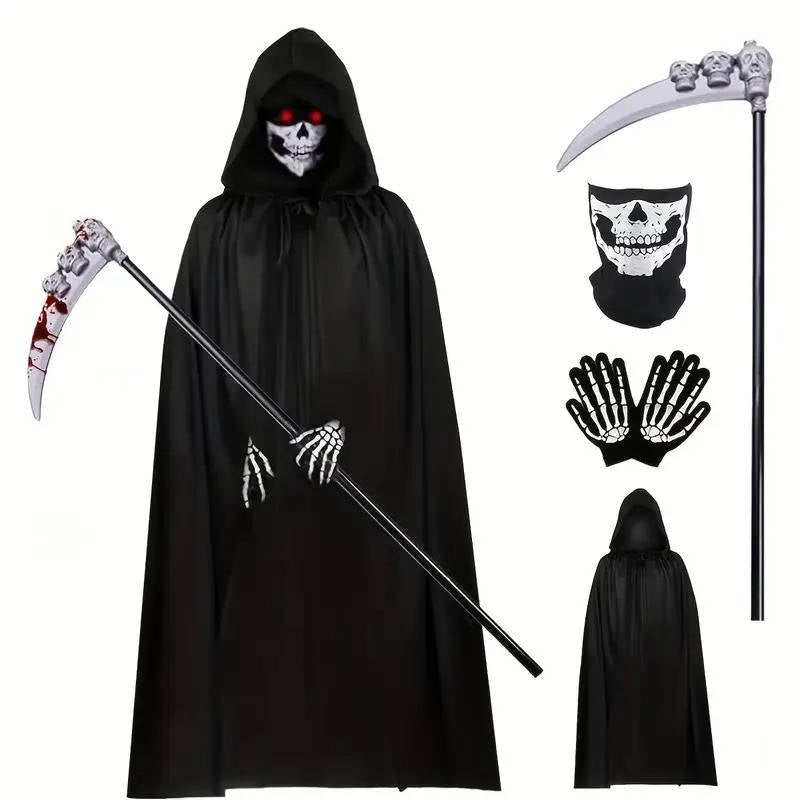 Disfraz de Halloween de la Parca con ojos brillantes y guantes de esqueleto