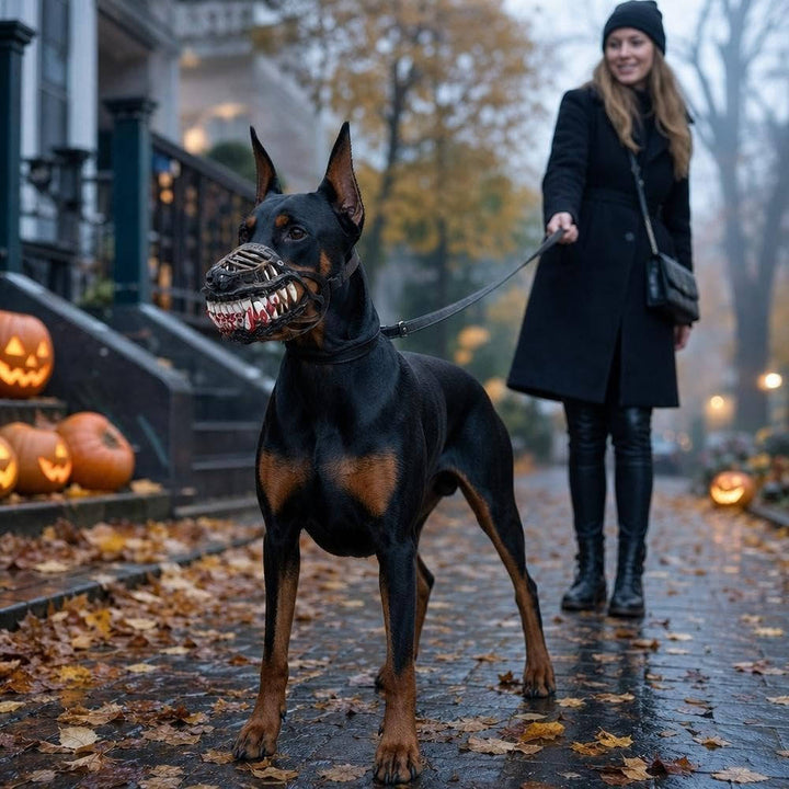 Halloweens hundmunkorg med röda tänder - realistisk skräckmask för cosplay