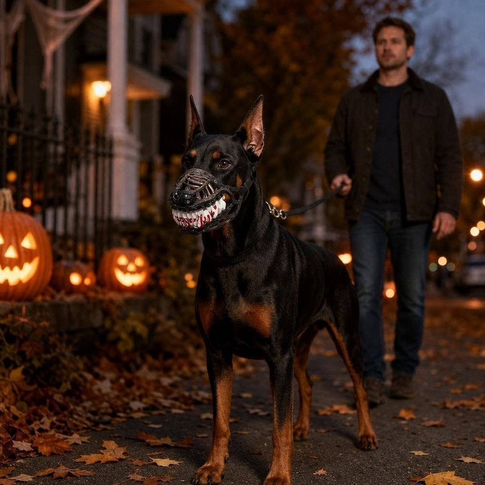Halloweens hundmunkorg med röda tänder - realistisk skräckmask för cosplay