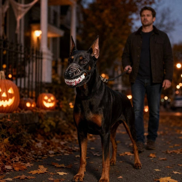 Halloweens hundmunkorg med röda tänder - realistisk skräckmask för cosplay