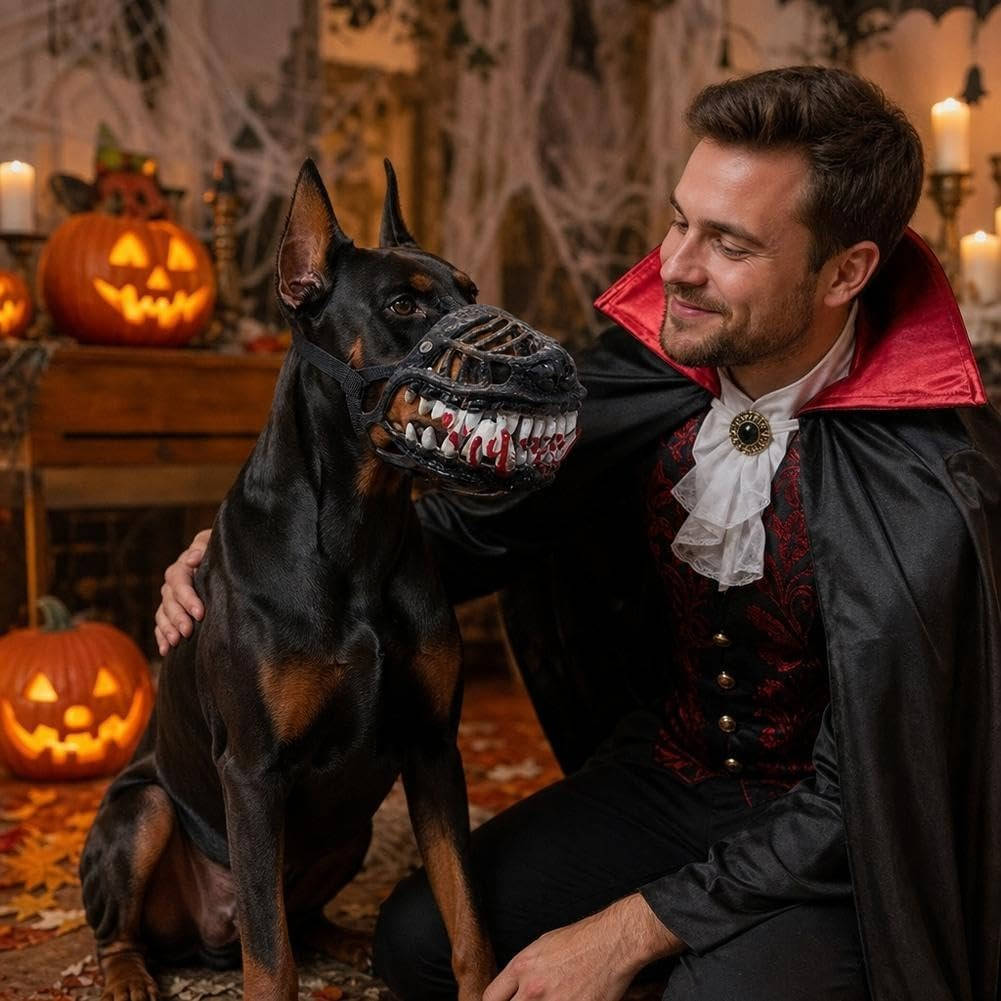 Halloweens hundmunkorg med röda tänder - realistisk skräckmask för cosplay