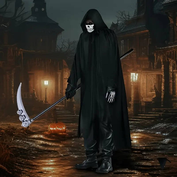 Disfraz de Halloween de la Parca con ojos brillantes y guantes de esqueleto