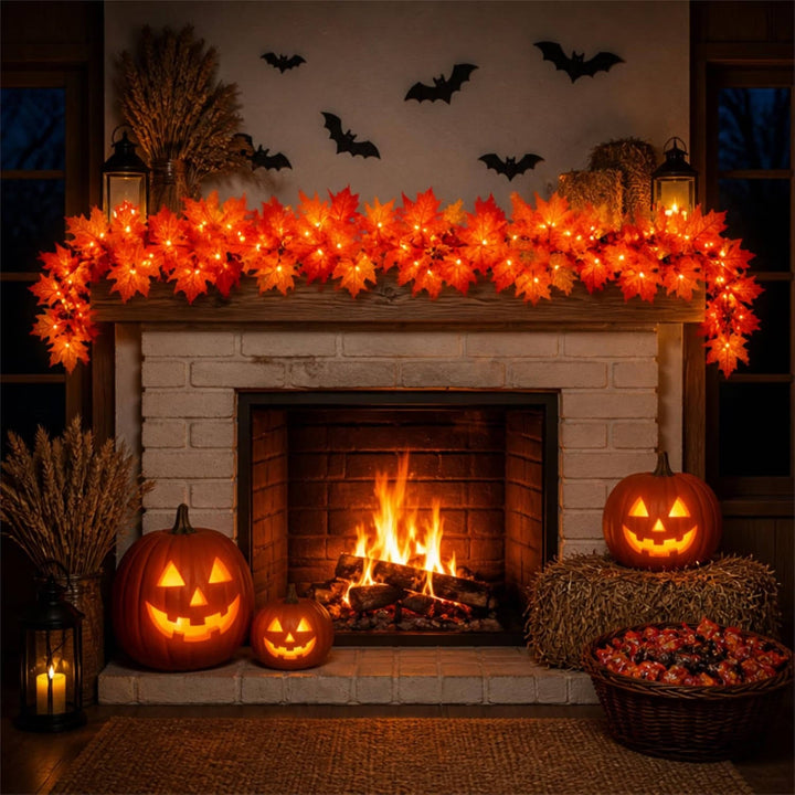 Grinalda de outono de 2,7 m com 50 luzes laranja para decoração de Halloween