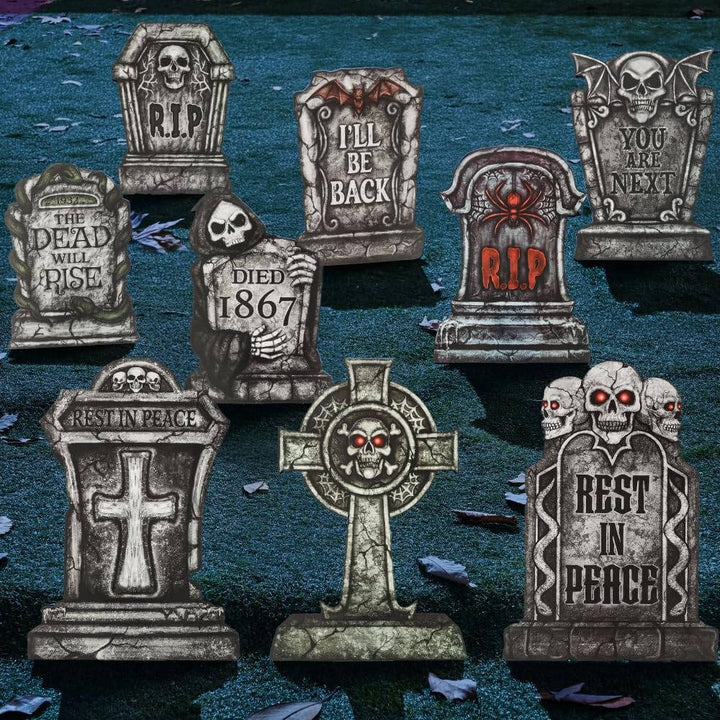 Halloweens 9 stk. 16 tommer plastikgravsten med metalspyd til dekoration