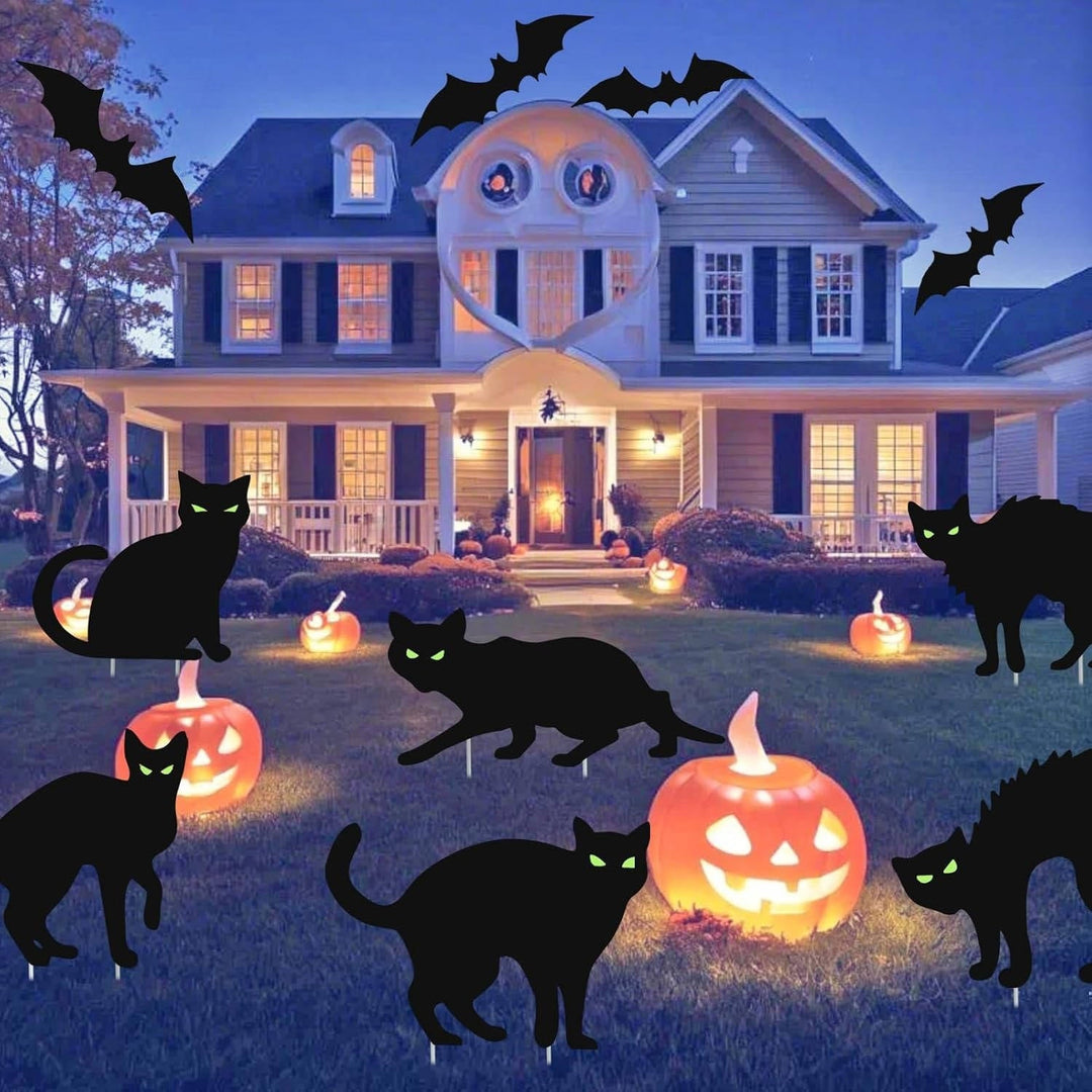 Halloweenin 6 Pack -pakkaus mustia kissapihakoristeita pimeässä hohtavilla silmillä