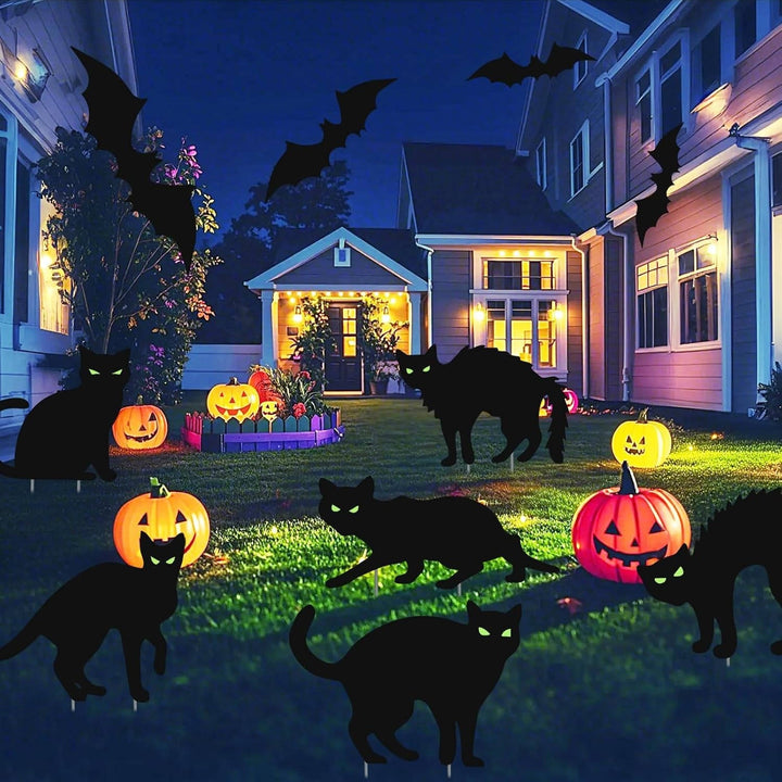 Halloweenin 6 Pack -pakkaus mustia kissapihakoristeita pimeässä hohtavilla silmillä