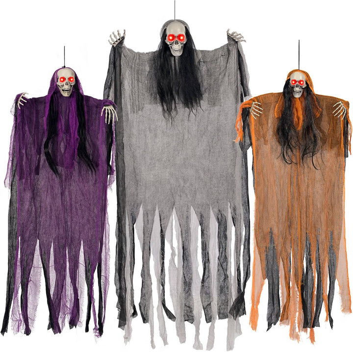 Halloweenova sada 3 svítících duchů s očními důlky ve tvaru kostlivců pro vnitřní i venkovní dekoraci