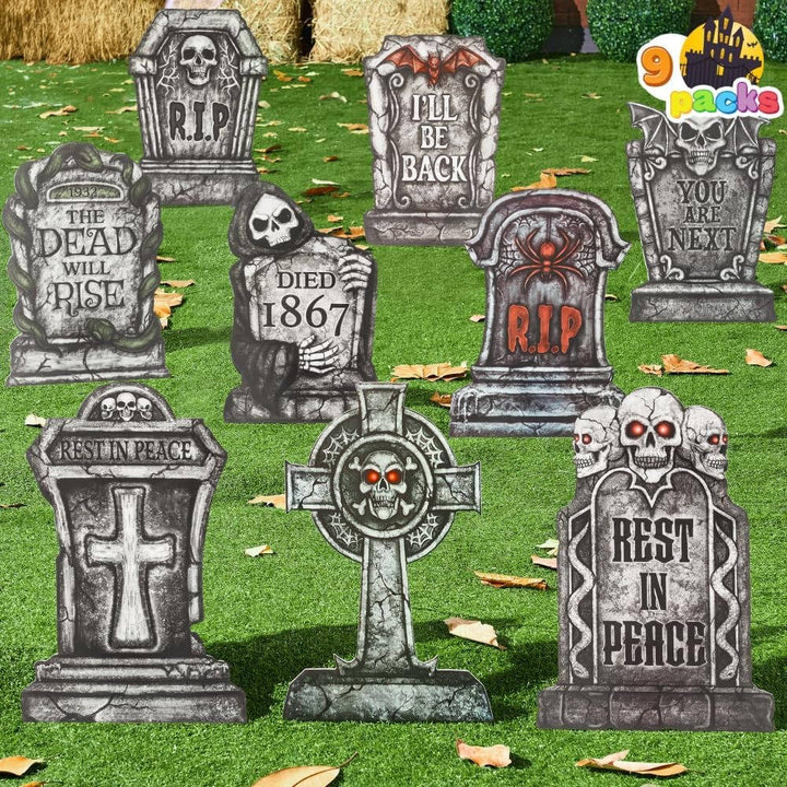 Halloweens 9 stk. 16 tommer plastikgravsten med metalspyd til dekoration
