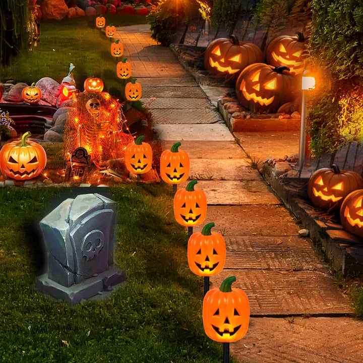 Luzes solares em estacas com abóboras, conjunto de 10, para decoração exterior de Halloween