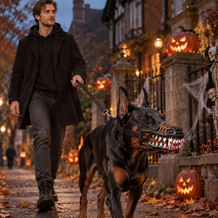 Halloweens hundmunkorg med röda tänder - realistisk skräckmask för cosplay