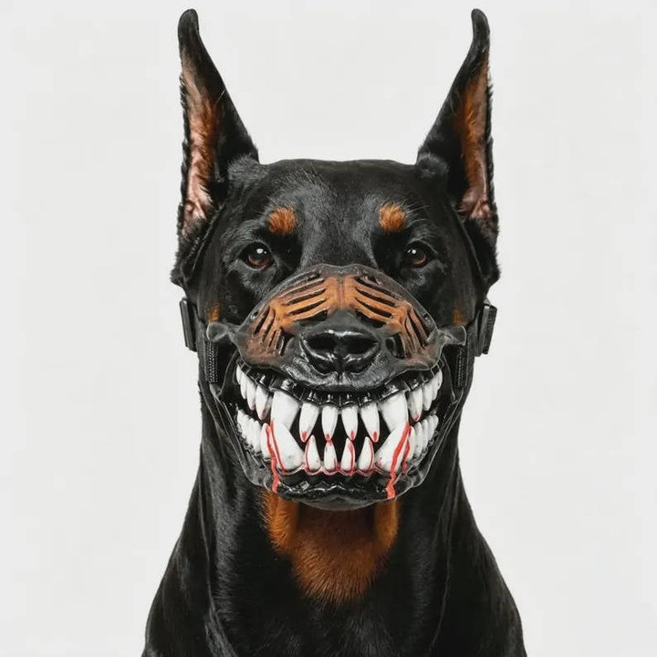 Halloweens hundmunkorg med röda tänder - realistisk skräckmask för cosplay