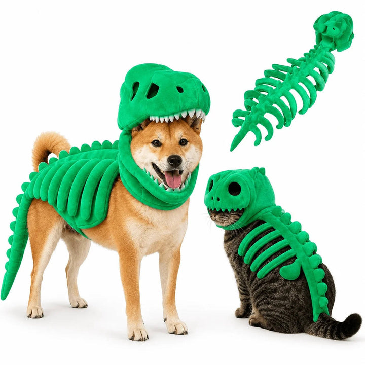 Halloweens skelettdräkt för hundar och katter med dinosaurietema