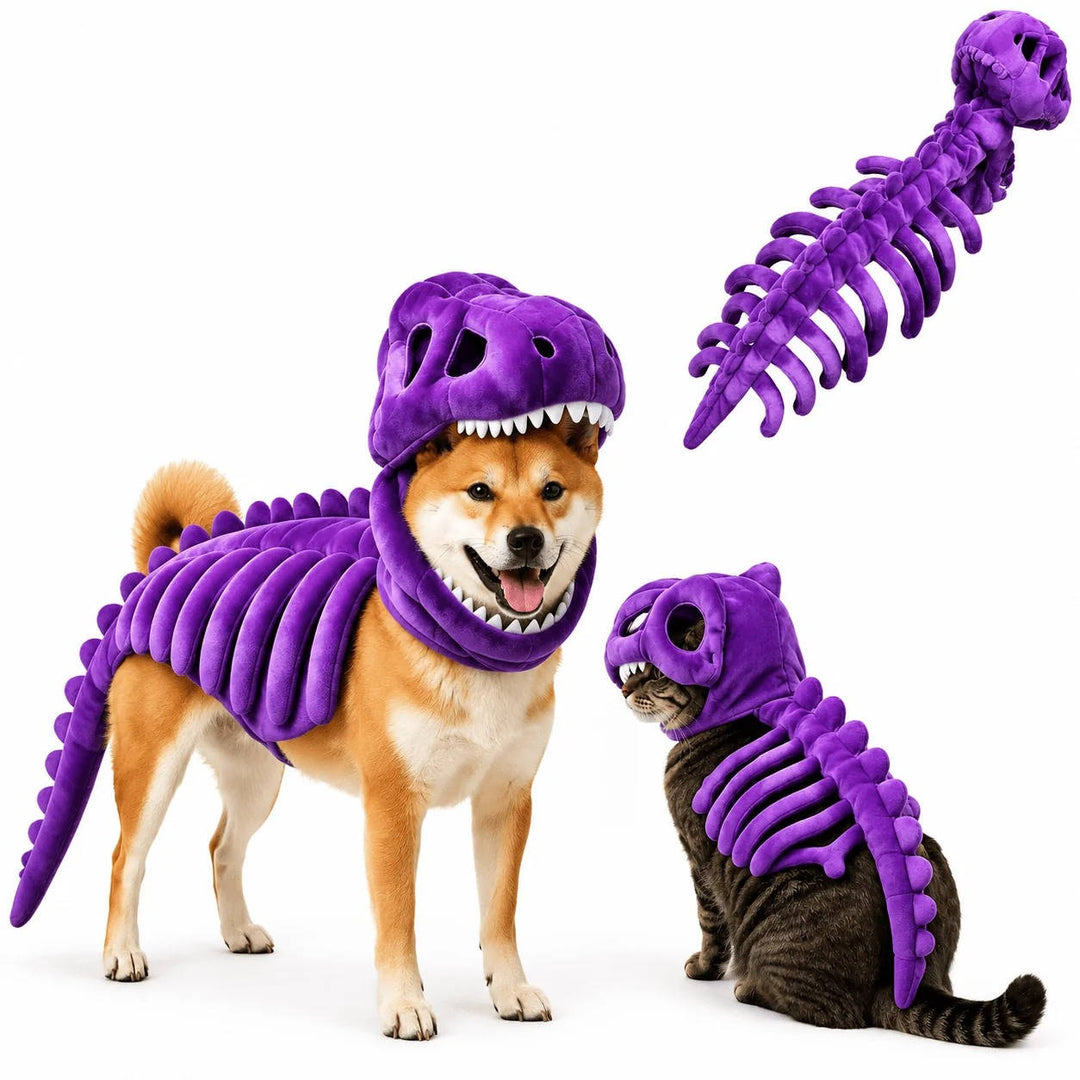 Halloweens skelettdräkt för hundar och katter med dinosaurietema