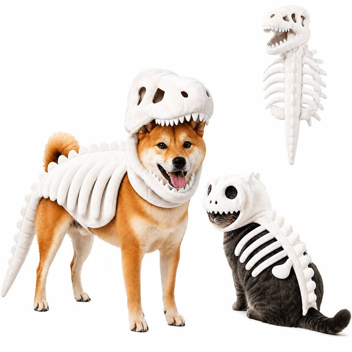 Halloweens skelettdräkt för hundar och katter med dinosaurietema