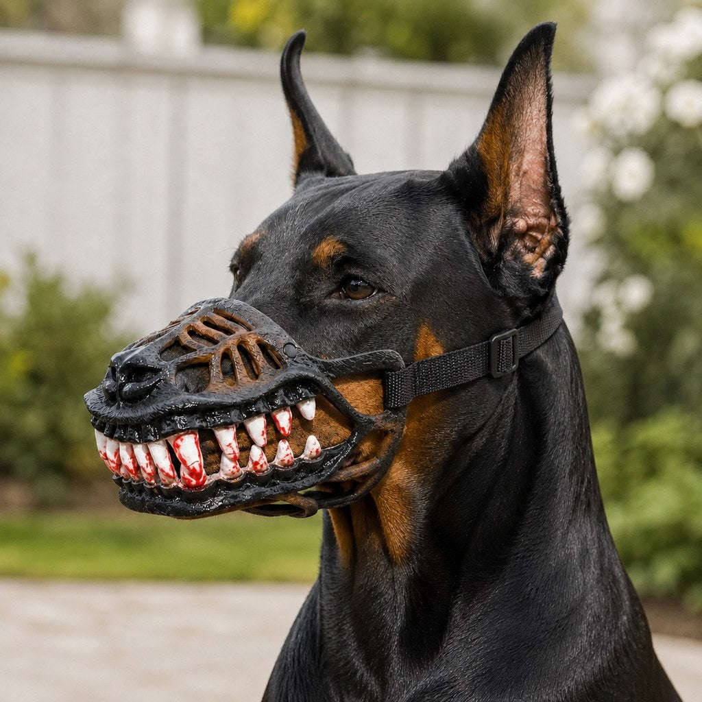 Halloweens hundmunkorg med röda tänder - realistisk skräckmask för cosplay