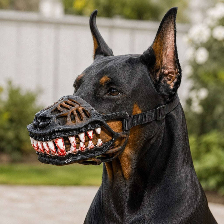 Halloweens hundmunkorg med röda tänder - realistisk skräckmask för cosplay