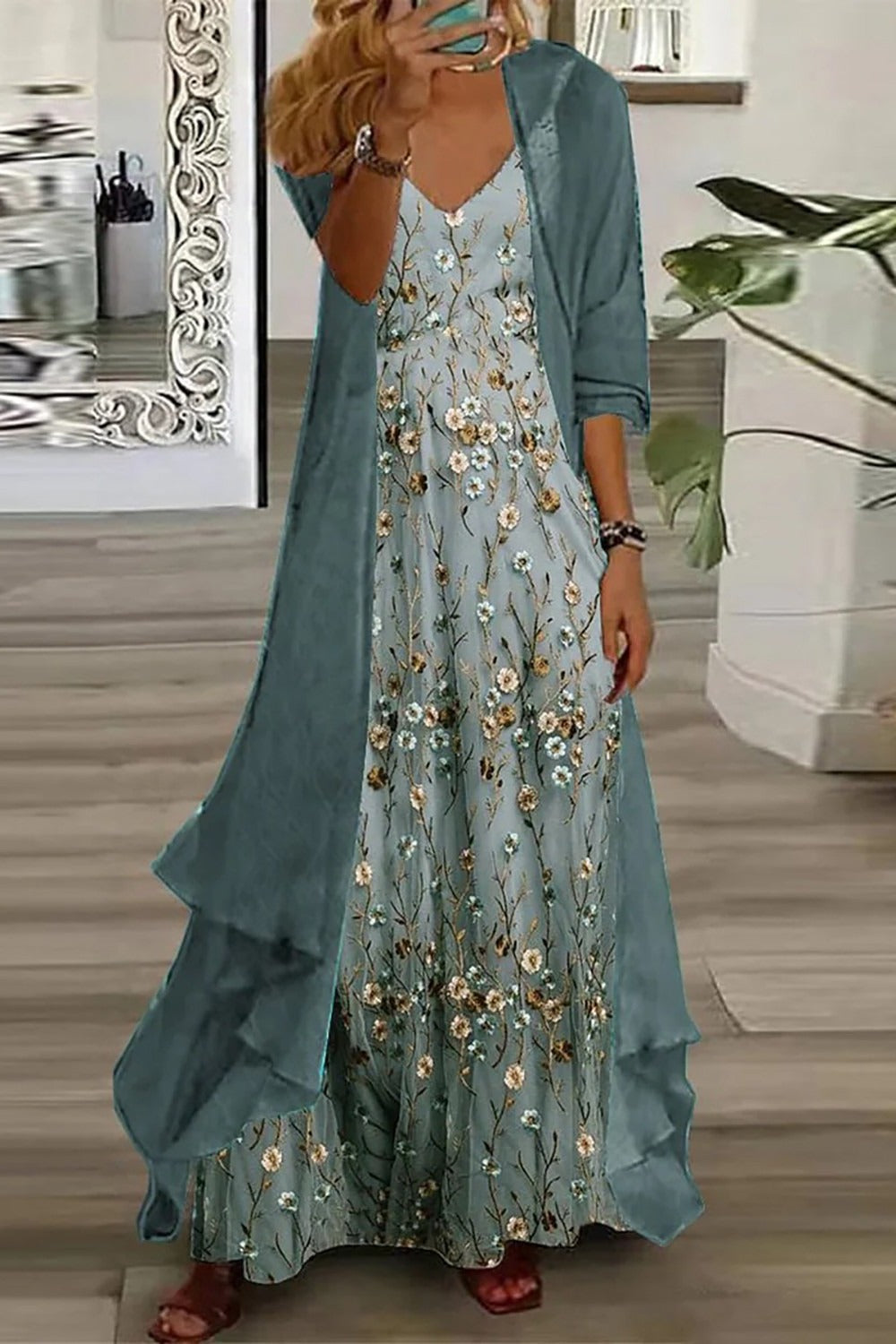 Women's Floral Maxi Dress Set with Duster Cardigan - Casual Style