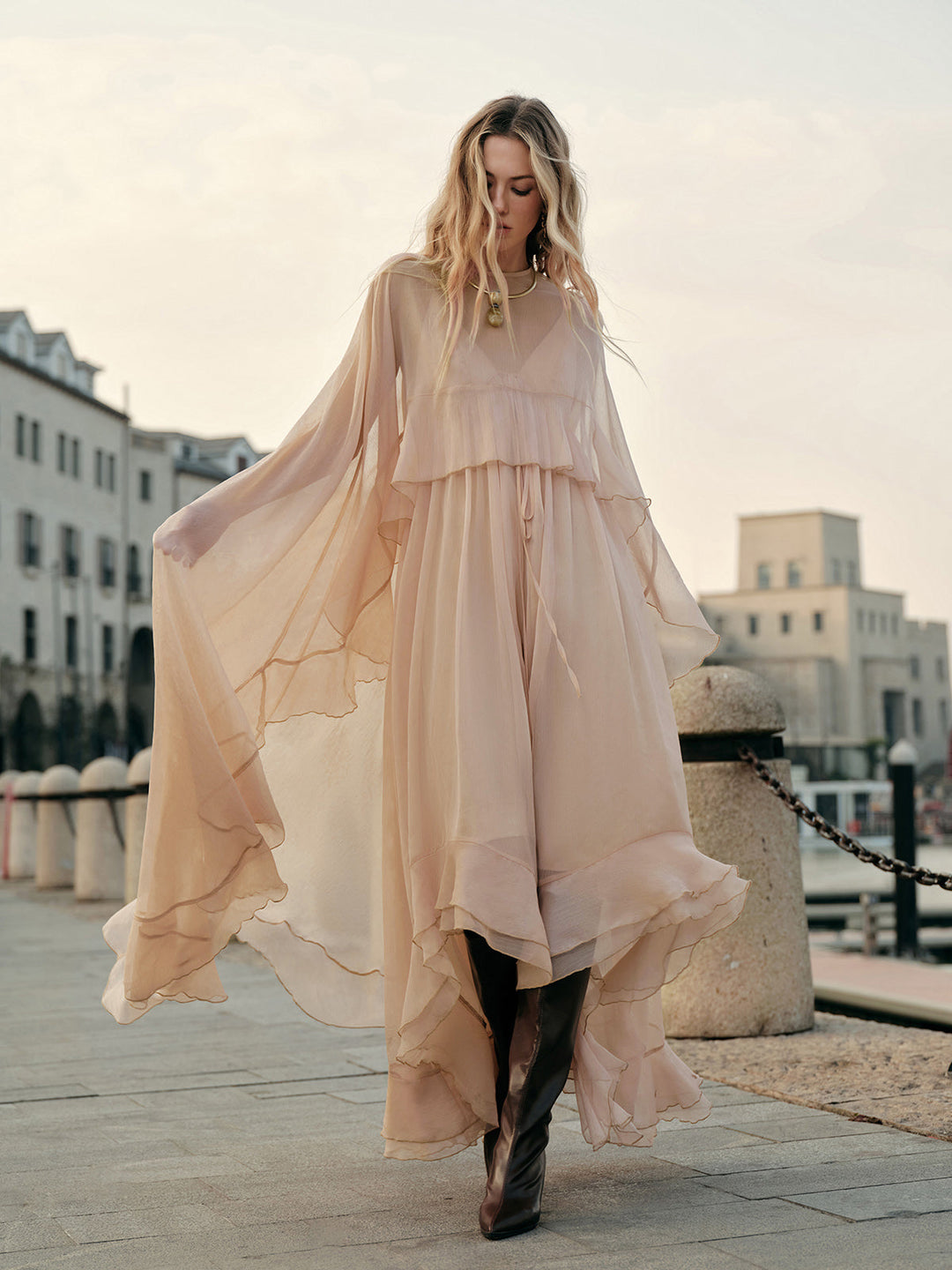 Women's Chiffon Cape Sleeve Maxi Evening Dress
