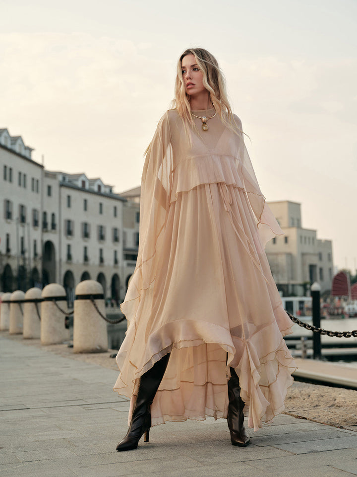 Women's Chiffon Cape Sleeve Maxi Evening Dress